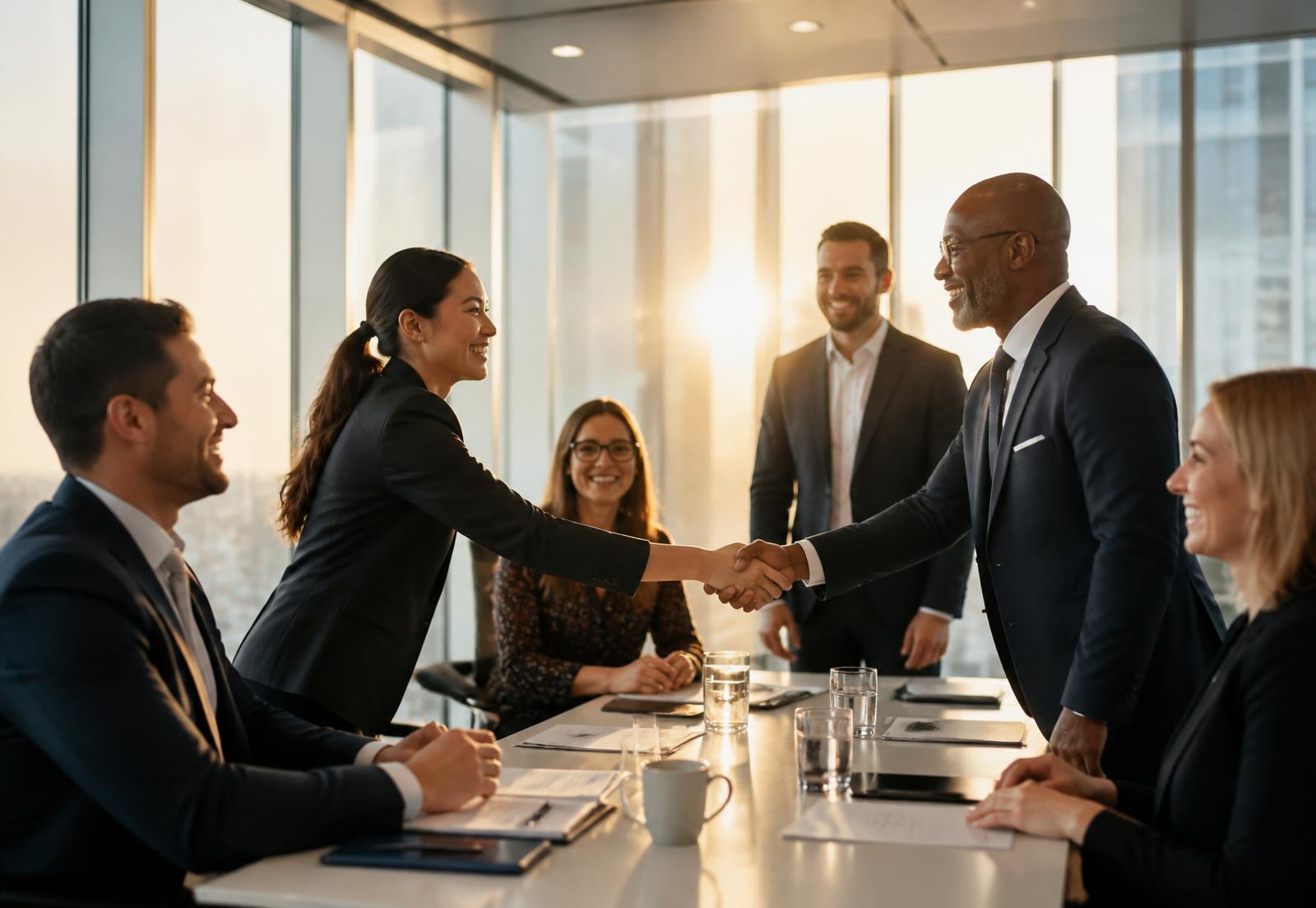 Business leaders shaking hands at a VL DuVall Consulting partnership meeting